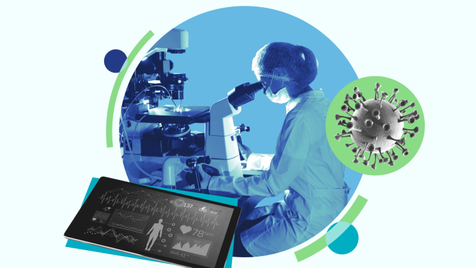 Scientist looking through a microscope and a virus and bio data on an iPad