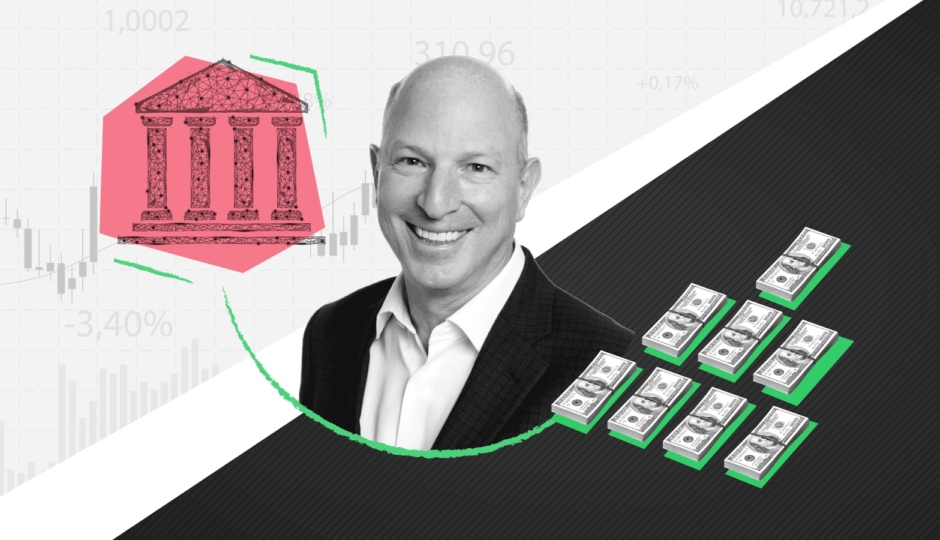 headshot of man with stacks of money and bank