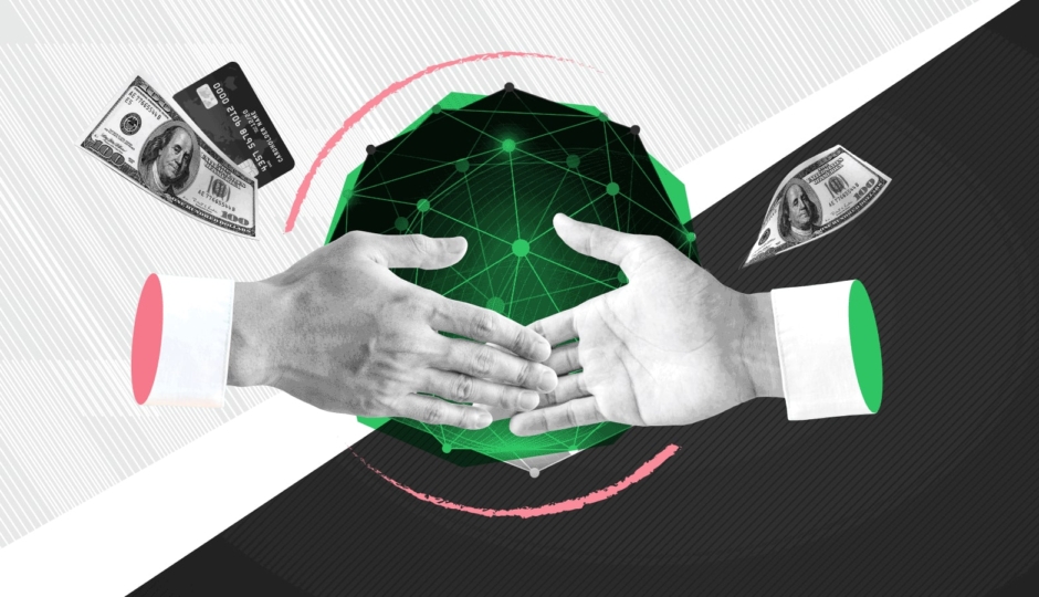 illustration of two hands shaking with money and credit card floating above