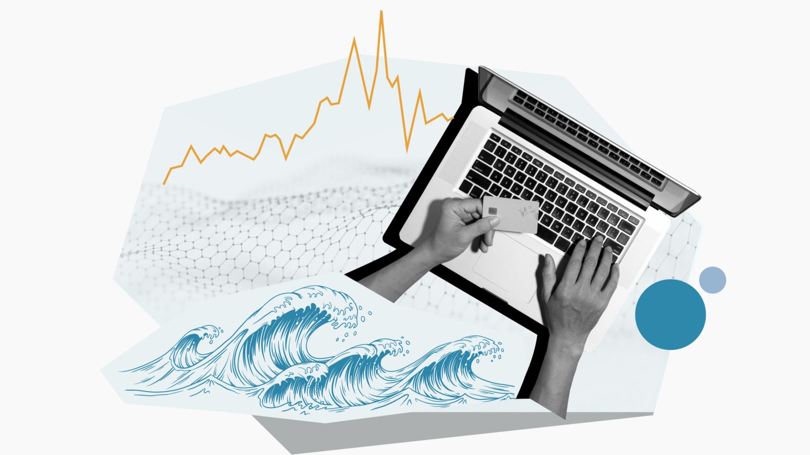 graphic of hands on laptop with illustrative wave