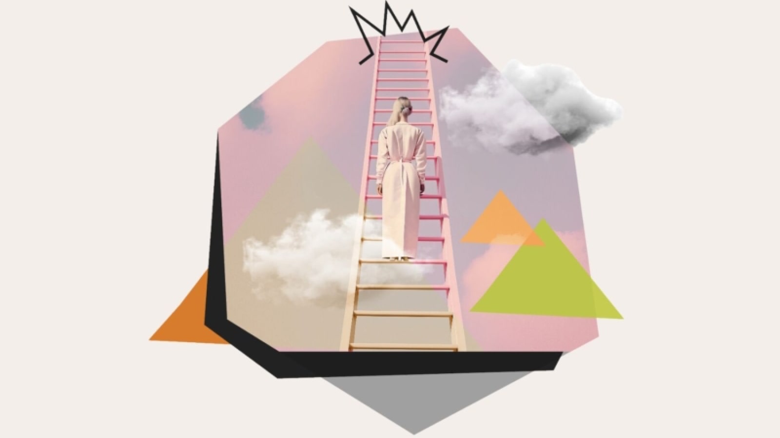 dreamy graphic of woman in robe walking up stairs to clouds