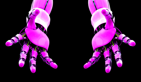 Purple robot hands on black background