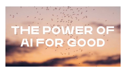 The Power of AI for Good on a sunset sky with birds