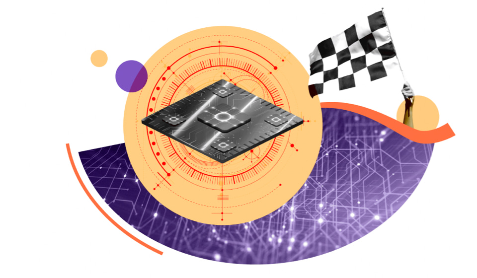 Black and white microchip over a yellow compass and hand holding a flag