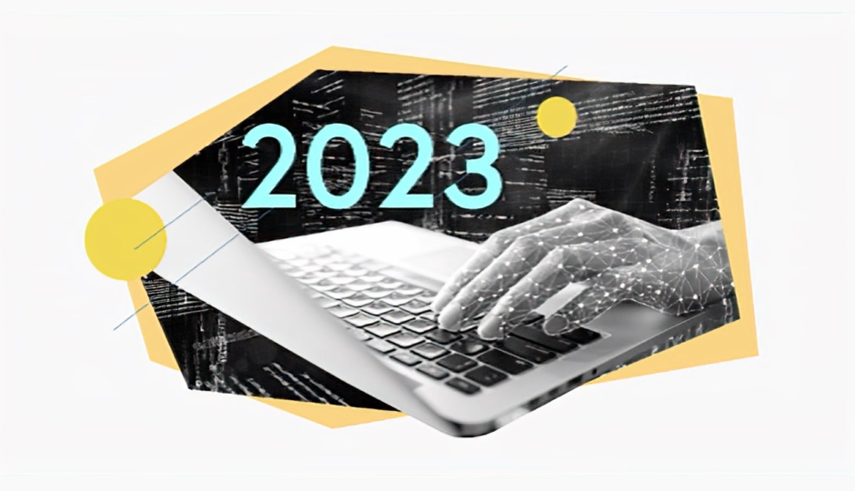 illustrative graphic of the number 2023 and a hand touching a laptop