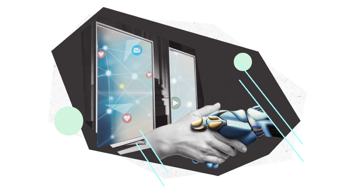 illustrative graphic of a robotic hand shaking hands with a human hand