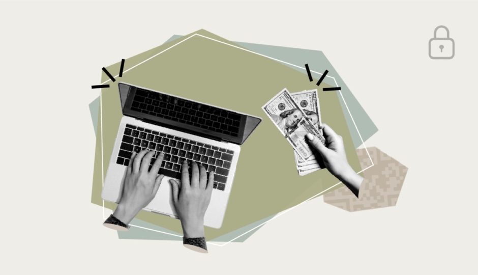 illustrative graphic of hands holding money and typing on a laptop