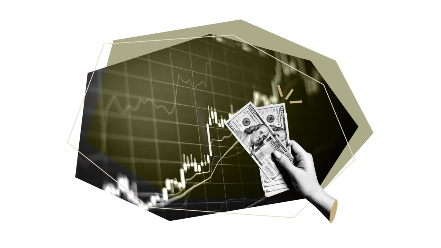 illustrative graphic of a hand holding money and chart in background